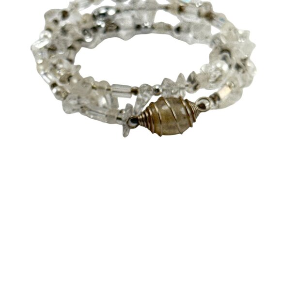 Clear Quartz Chip Bead Memory Wire Bracelet with Silver Accents and Barrel Clasp - Picture 6 of 6